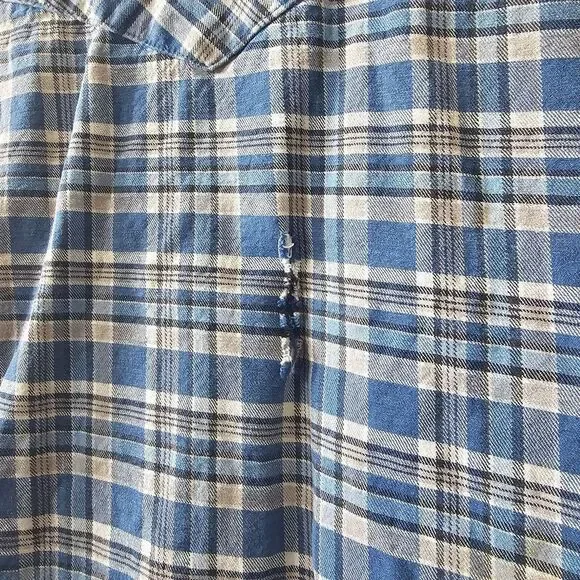 Wrangler Brushpopper Shirt Men's Size XLT Long‎ Tail Plaid Snaps Blue Vintage - Picture 12 of 15